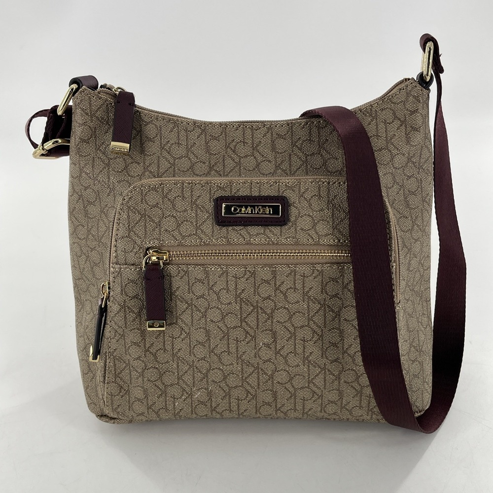 Rare Calvin Klein Signature Allover Monogram Taupe Crossbody Maroon Strap Gold - Picture 10 of 16